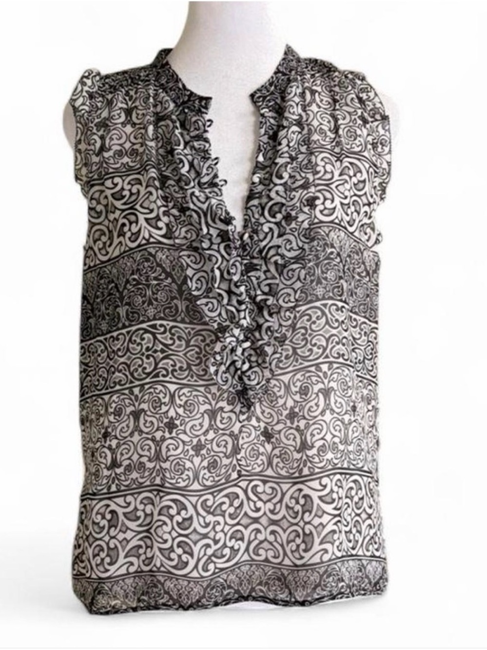 White House Black Market Black & White Patterned Ruffle V-Neck Camisole